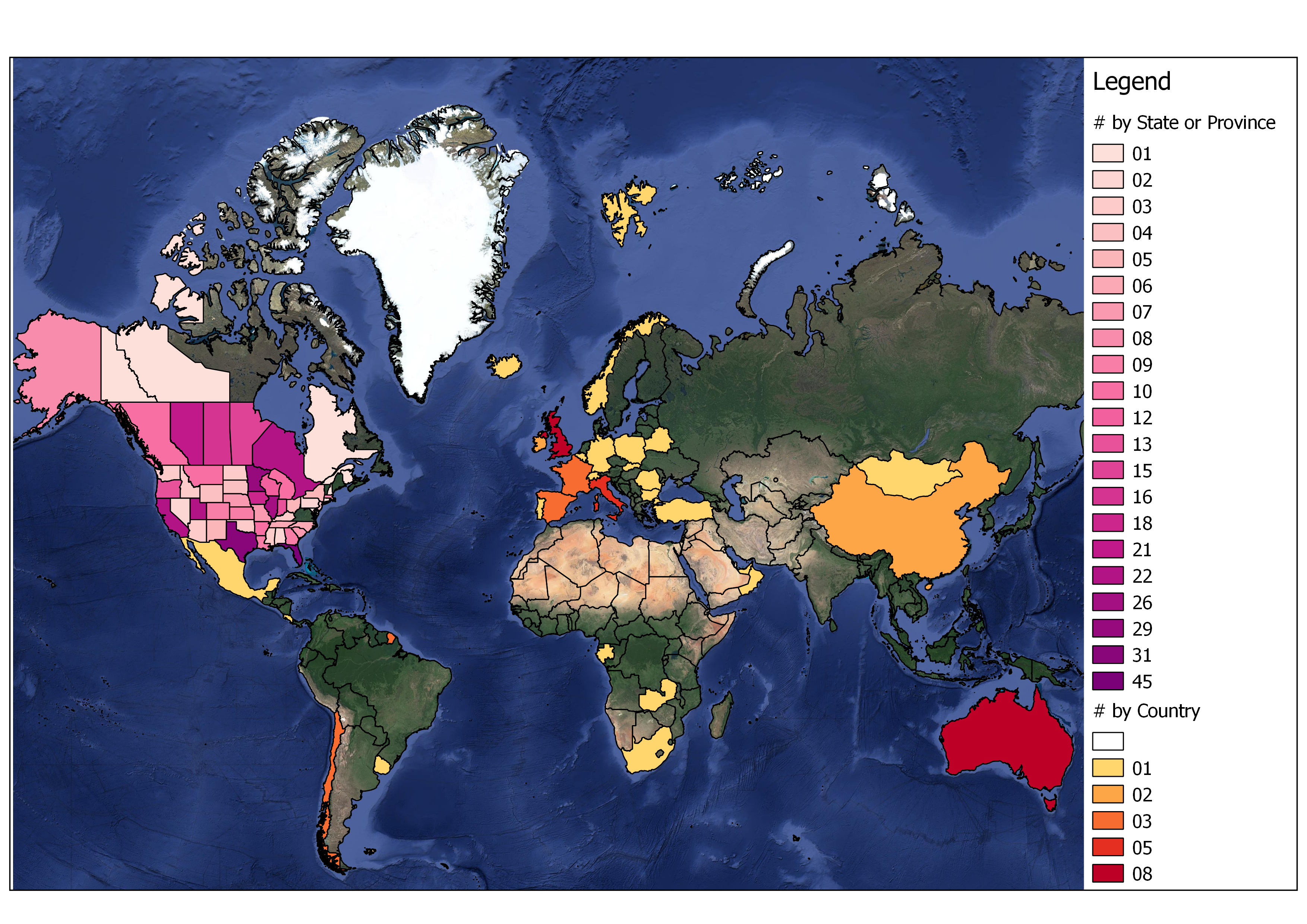 World map displaying locations of GP Restoration Solutions Native seed harvesting equipment